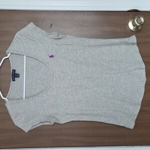 Ralph Lauren Women's Heather Gray V-Neck Tee With Purple Logo.